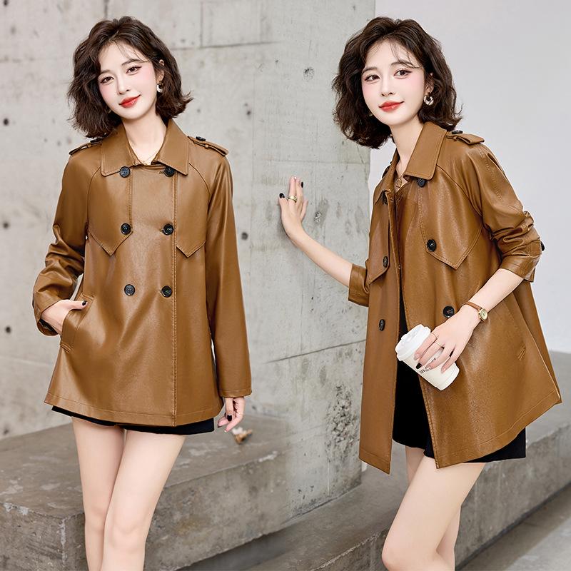 Veste Manteau Mi-long Petit en Cuir PU Rétro Mode Automne 2024 pour Femme