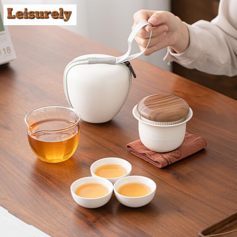 Creative Flying Saucer Travel Tea Set Kit Japanese 1 Pot 3 Cups Tea Maker Picnic Camping Portable Tote Bag Accessories Gift