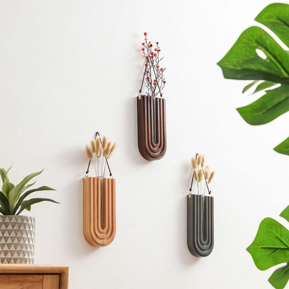 Pastoral Stable Wall-mounted Hydroponic Vase Handmade Durable Wood Frame Vase Craft Plant Holder Pendant Artificial Flower