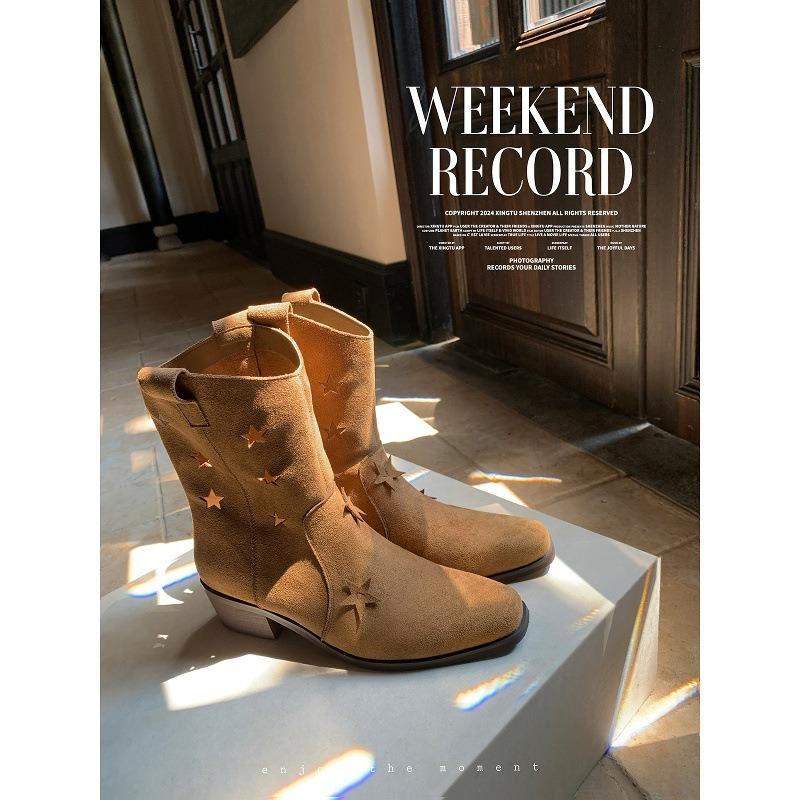 

Коровья кожа~ Звездные ковбойские сапоги в западном стиле Женские кожаные сапоги с полым V-образным вырезом и толстым каблуком Полусапоги Мартин 40 верблюд