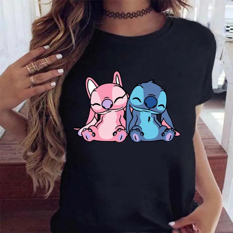 New Fashion Female Clothing Cartoon Disney Stitch Women's T-shirt Summer Short Sleeve Black Tops