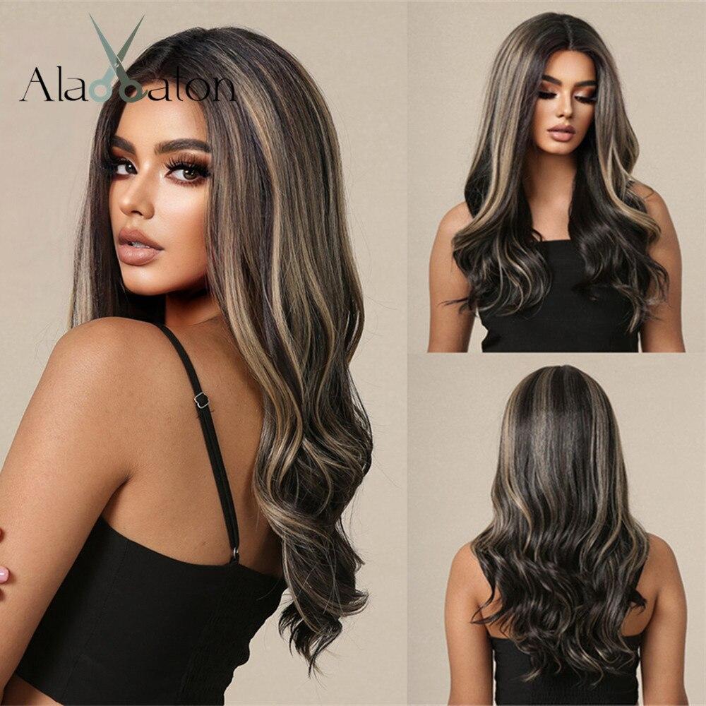 Alan Eaton Blonde Brown Ombre Synthetic Lace Front Wigs Long Curly 13x1 Lace Wig Women Natural Daily Fluffy Heat Resistant Fiber