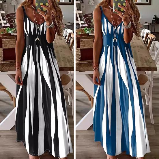 Women's Casual Suspender V-neck Geometric Pattern Long Dress