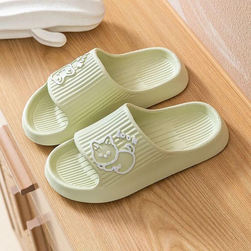 WTEMPO Lovely Couple Slippers Summer Thick Sole Makaron Color Cartoon Animal Stripe Flat Heel Soft Sole Indoor and Outdoor Bathroom Anti-slip Slippers