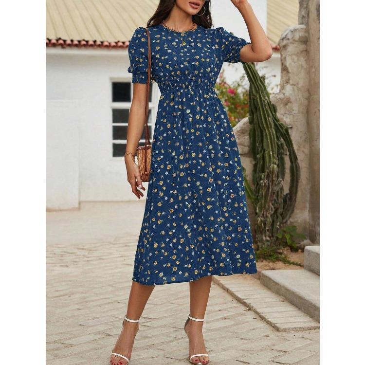 Women Summer Puff Sleeve High Waist Floral Midi Vacation Print Long Comfortable Lightweight High Recognition Elegant with Flattering Chic Dress