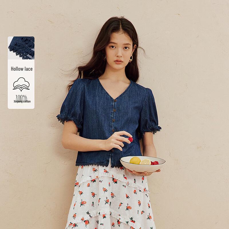 INMAN Women s V-Neck Denim Short-Sleeve Shirt M