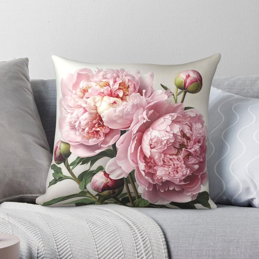 Pink Peonies Flower Square Pillowcase Polyester Linen Velvet Pattern Zip Decor Pillow Case Sofa Cushion Cover