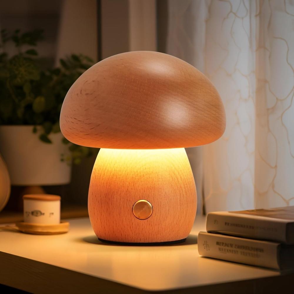 Mini Natural Wood Mushroom Lamp Touch Control LED Night Light for Bedroom Bedside Decor Lamp