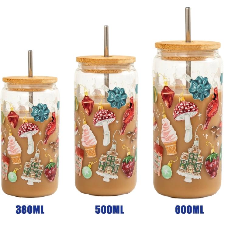 Glass Coffee Cups Drinking Glasses Reusable Travel Coffee Mug, Iced Coffee Cup with Color Changing,Christmas Decorations