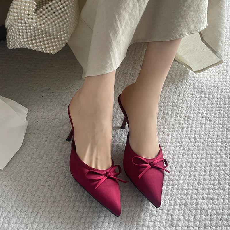 Fashion Big Size 43 Fashion Butterfly-Knot Ladies Heels Slippers Female Pointed Toe Slides Women Heeled Slippers Sandals Shoes Mules