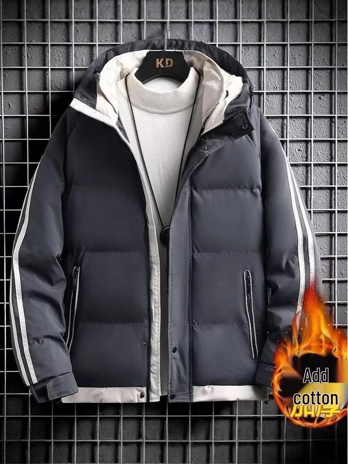Men's Hooded Cotton-Padded Jacket – Thick, Solid Color, Loose Fit for Autumn and Winter