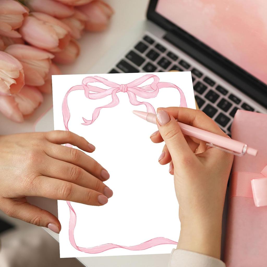 60 Sheets Bow Border Stationery Paper Pretty Pink Ribbon Bow Writing Paper For Party Invitation Office School Printing, 8.5 x 11 Inch, Single-Sided