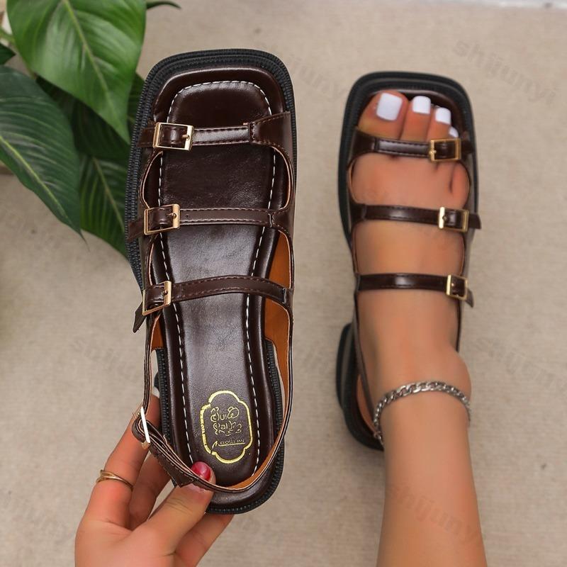 Fashion Women's Sandals 2025 New Summer Platform Fashion High Heel Sandals Outdoor Beach Shoes Square Toe Buckle Strap Women’s Shoes