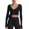 X Skims Knit Stretch Long Sleeve Wrap Lightweight V Neck Cropped T Shirt Women Tops LSLSL10088W-OBD