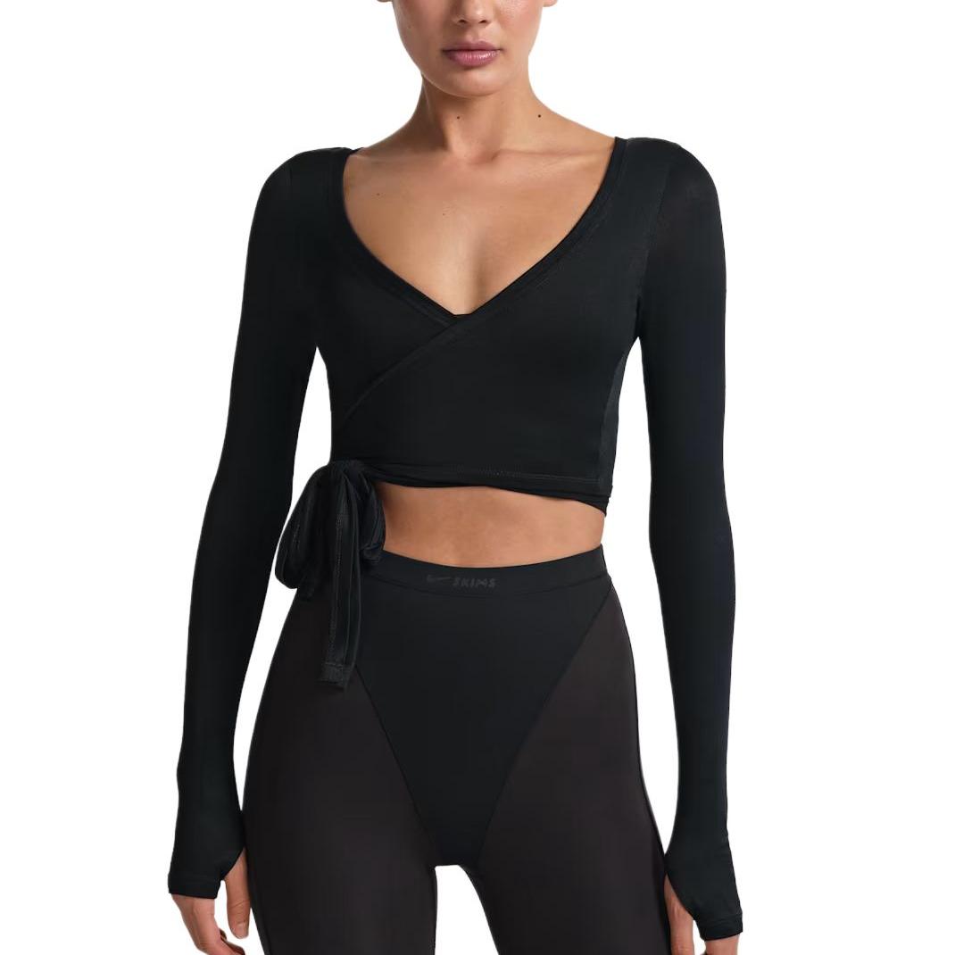 Nike X Skims Knit Stretch Long Sleeve Wrap Lightweight V Neck Cropped T Shirt Women tops LSLSL10088W-OBD XS