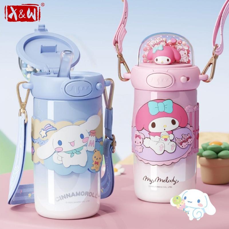 X&W Sanrio Straw Thermos Cup Cartoon Kuromi Drinking Water Bottle Stainless Steel Vacuum Flasks with 3D Creative Lid Kids Gifts