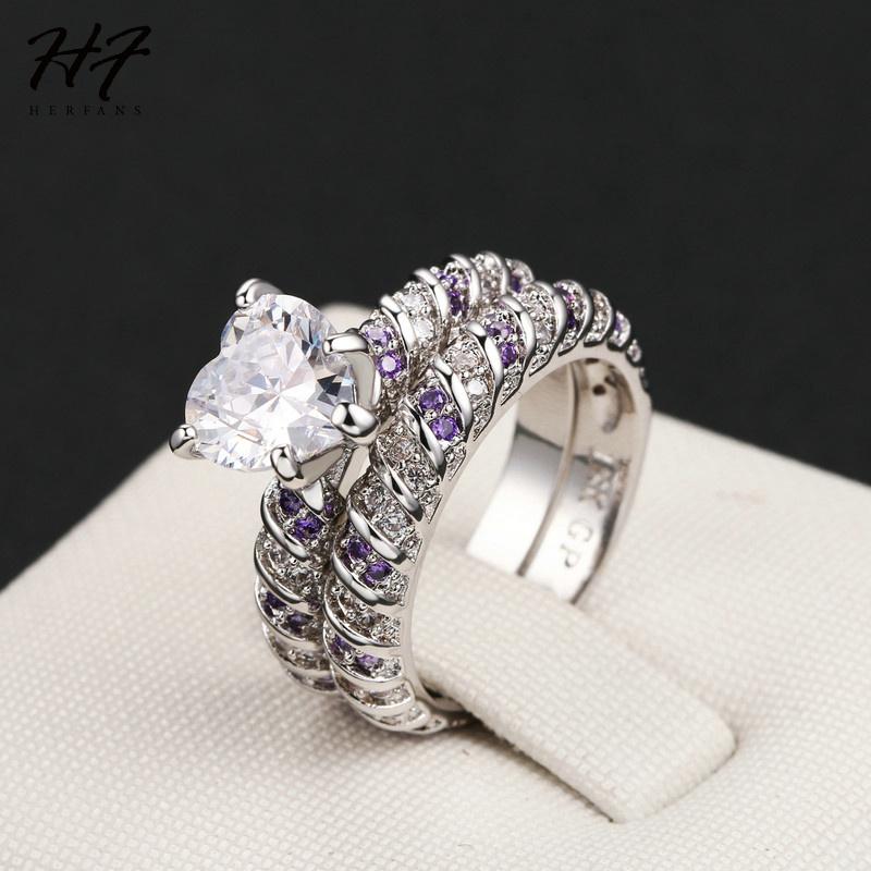 Romantic Heart Shaped 2 Pieces Ring Sets for Women Sliver Color AAA+ Cubic Zirconia Wedding Fashion Jewelry Xmas Gift DD027