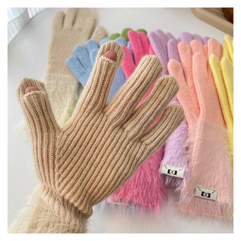 Dopamine Solid Color Warm Five Finger Gloves Versatile Knitted Cute Student Women Sweet Long Cycling Sleeves