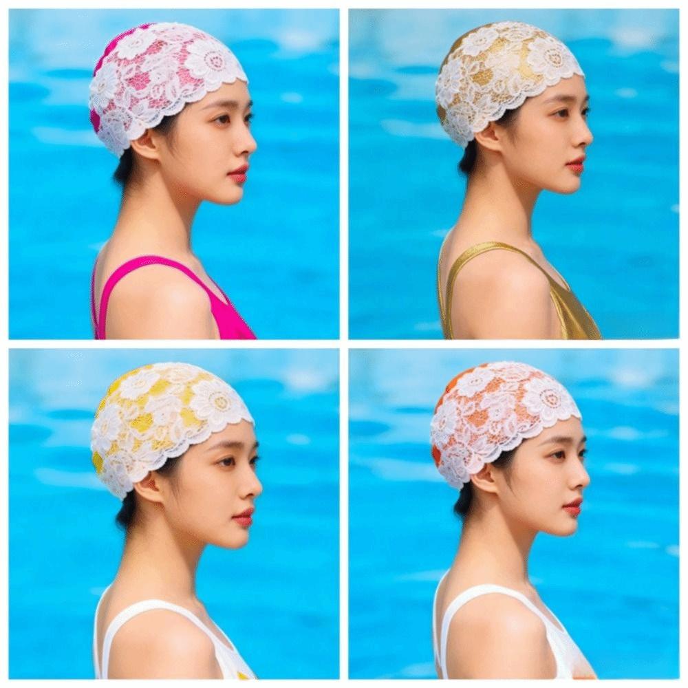PU Swimming Cap Lace Ear Protect Cap Fashion look Waterproof Swim Hat Adult women