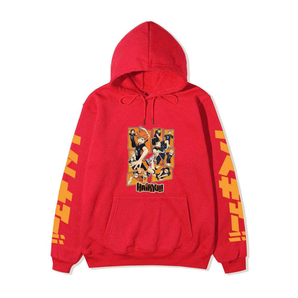 Haikyuu Karasuno Team Collage Unisex Fleece Hoodie Orange Japanese Vertical Letter Sleeve Volleyball Anime Pullover Sweatshirt