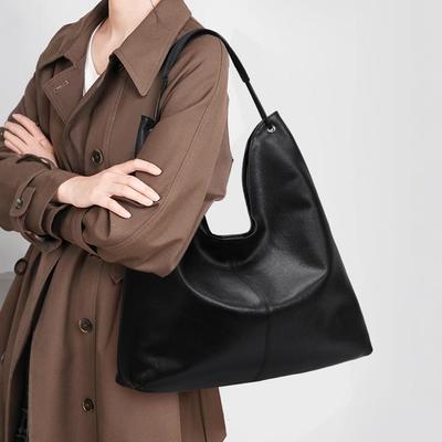 Women's Hobo Bag Genuine Leather Second Layer Soft Cowhide Handbag Black Fashion Shoulder Bag for Everyday Use