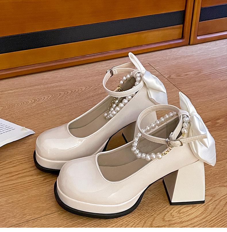 

Белые супер красивые туфли на платформе с бантом, на толстом каблуке, женские, новые весна-осень 2025, туфли Мэри Джейн из маленькой кожи для юбки 39 бежевый