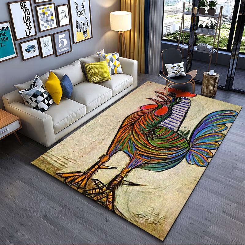 Colorful Artistic Rooster Illustration Rug Non-slip Rug Suitable for Living Room and Bedroom Sofas.
