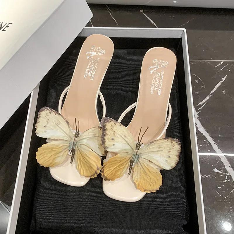 Fashion Blue Butterfly Women Slippers Square Toe Shoes High Heels Sandals Summer Elegant Bohemian Beach Shoes 2025 New Dress Pumps Mujer