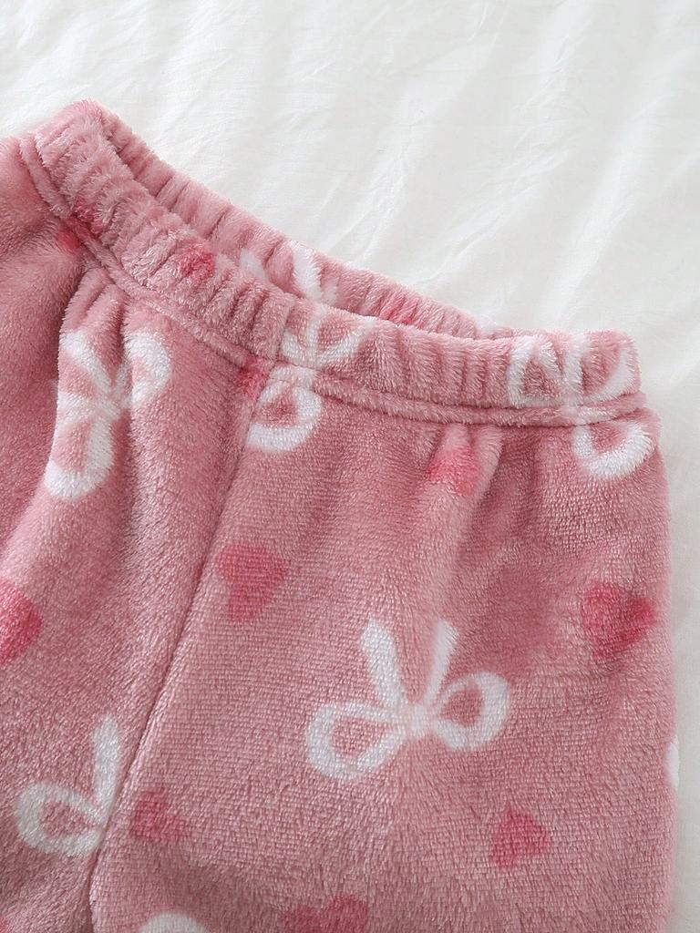 2-teiliges Set für Mädchen, Rosa, bestickte Schleife, Langarm-Oberteil und Hose mit Schleifenmuster, Winter-Flanell-Pyjama-Set, Fee-Feiertags-Nachtwäsche für Kinder