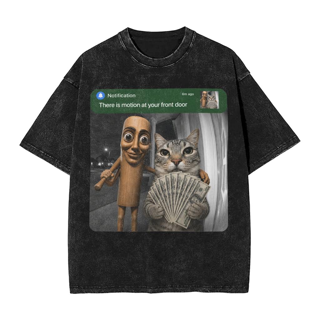 There Is Motion At Your Front Door Tung Tung Tung John Pork Men T Shirts Washed Vintage Tee Shirt Short Sleeve Crewneck Tshirt