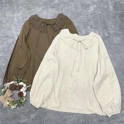 Ιαπωνικό Δαντελωτό Κορδονωτό Πιέτες Πουκάμισο Άνοιξη Καθημερινό Πιέτες Γυναικείο Vintage Βολάν Κολάρο Τοπ