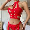 Hot and Sexy Motorcycle Splicing Strap Hanging Neck Fun Underwear Simple and Tempting Women's Underwear Set