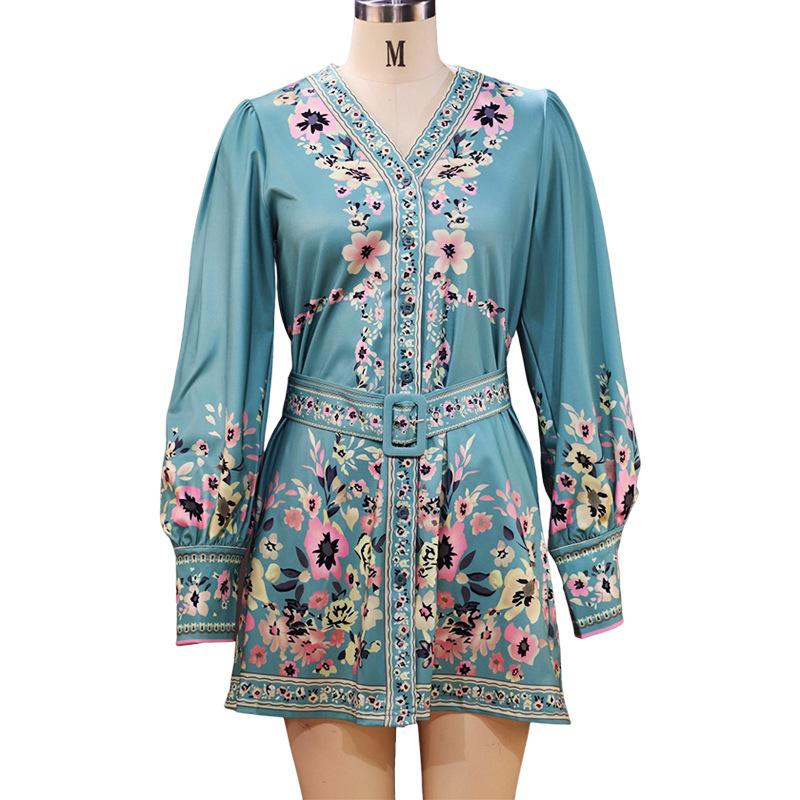 2025 Autumn New Style, Women's Wear, Long Sleeve, V-neck, Loose, Printed, Bohemian, Dress, Retro Flower Pattern