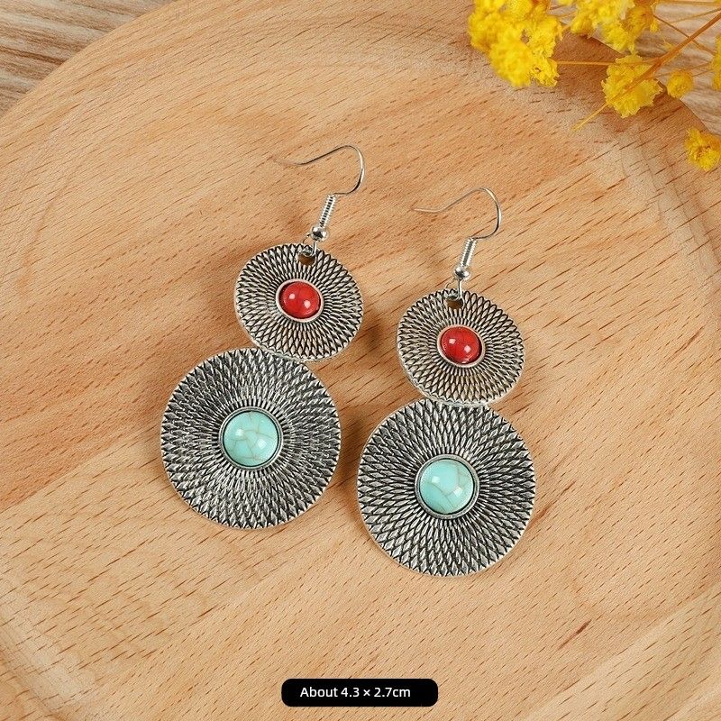 

Ручная работа Ретро Женские Кисточки Таиланд Длинные Персонализированные Серьги 45-Double layer red blue stone circle