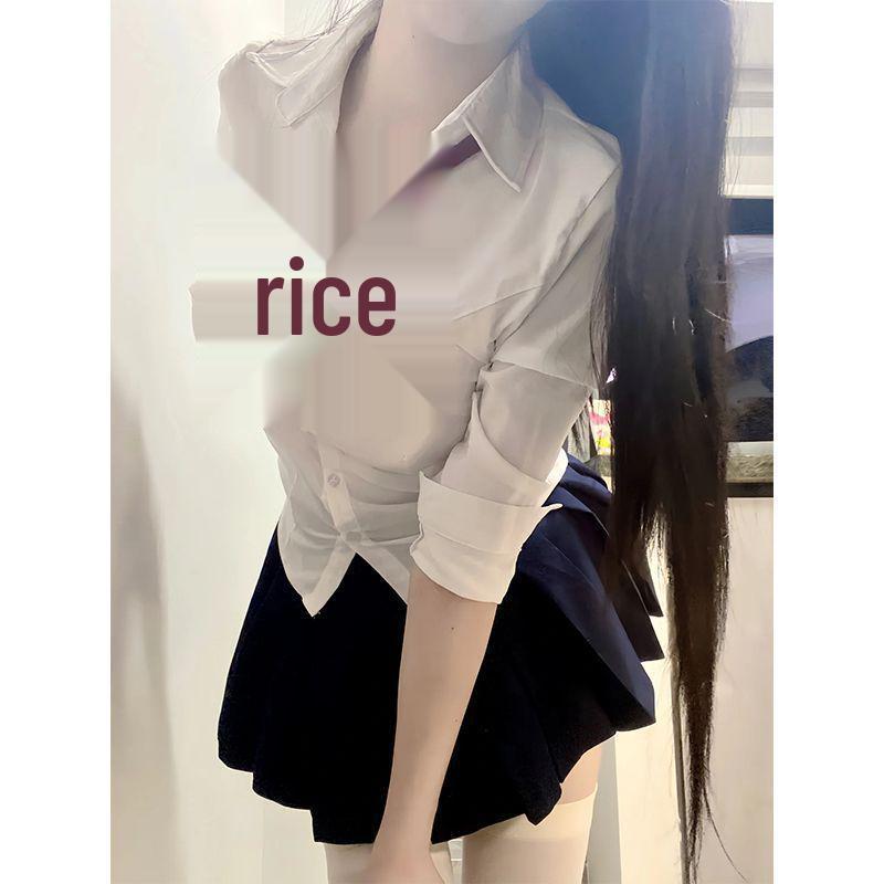 Preppy JK Uniform Set: Long-Sleeve Waist-Cinching Shirt & Black Pleated Skirt for Female Students
