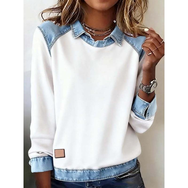 Womens Denim Collar Long Sleeve Knit Sweater Casual Streetwear Top