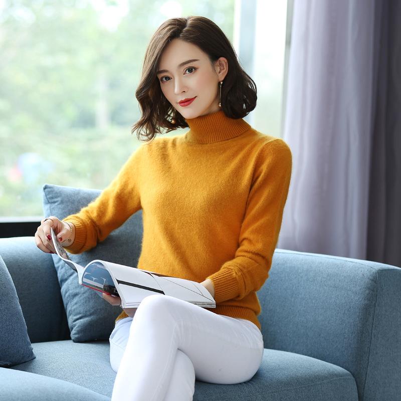 Autumn Winter Loose Solid Color High Neck Pullover Mink Cashmere Sweater Women Knitwear Pullover Thick Warm Solid Color Base High Lapel Clothing Tops