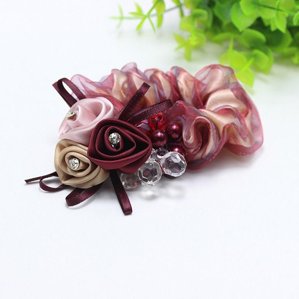 Headwear Beaded Hair Bands Flower Mesh Scrunchies Women Hair Ties Hair Rubber Bands Double Layer