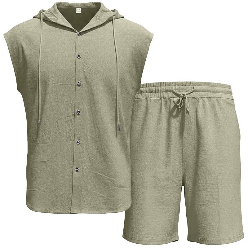 Men Shirt Shorts Two-piece Suit Hooded Sleeveless Shirt Adjustable Elastic Shorts Set Hiking Workout Summer Casual Outfit
