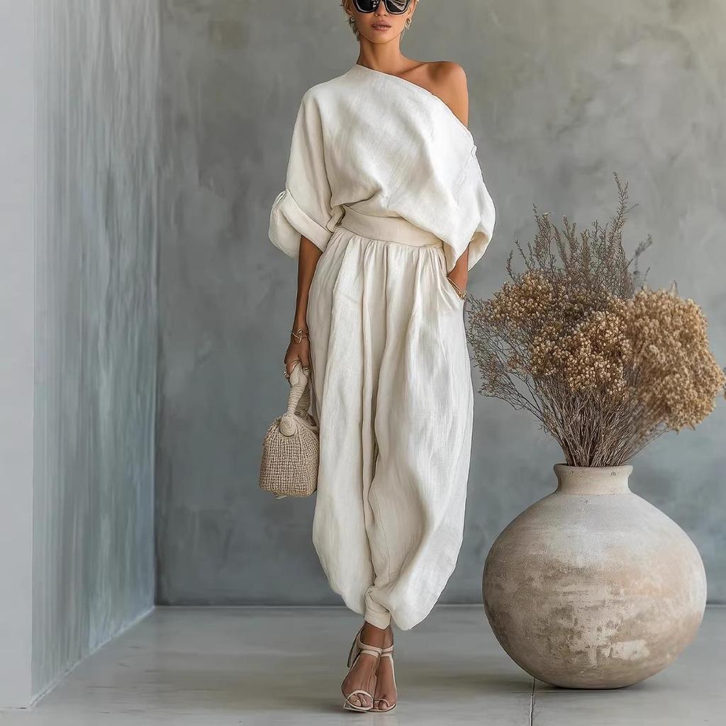 2026 European Spring Solid Color Off-the-Shoulder T-shirt Pocket Casual Loose Two-Piece Set