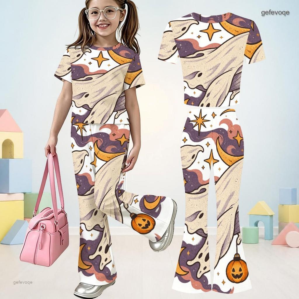 Girls Halloween Lamb Print Round Neck Short Sleeve Top And Flared Pants Two Piece Set