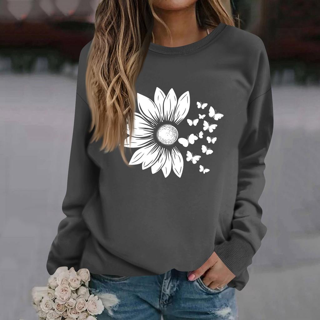 Women's Fashion Casual Long Sleeve Solid Color Printed Round Neck Top Sweatshirt