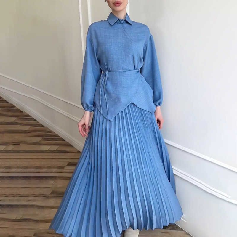 Shoelace Loose Shirt Top Elegance Skirt Blue Suit Women Elegant Skirt Set Women