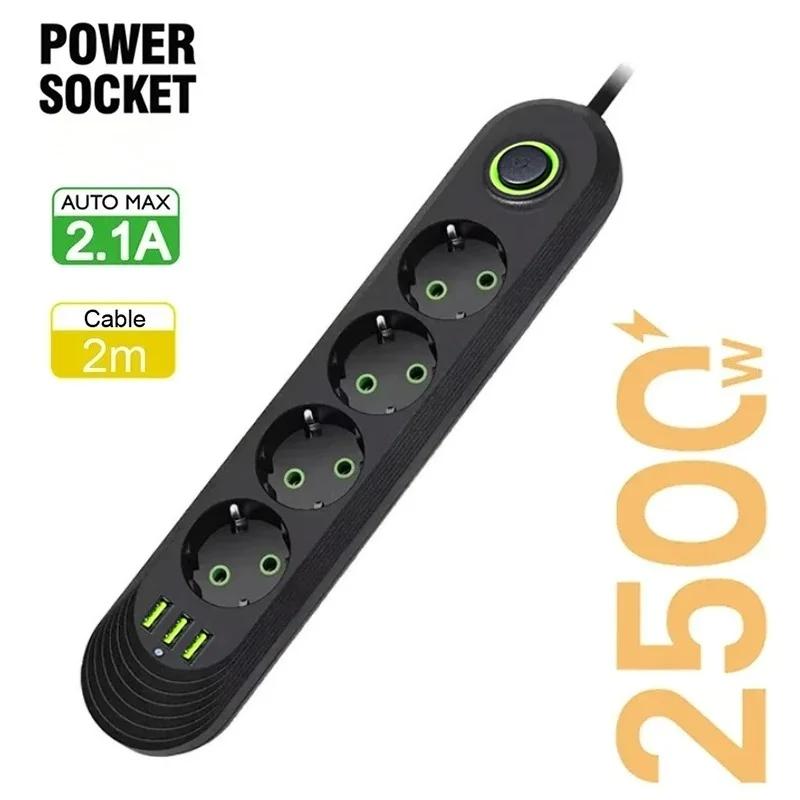 EU Plug Power Strip with 3 USB Ports 2M Cable Extension Cord Socket Network Filter Round Pin AC Outlet Electrical Charge Adapter