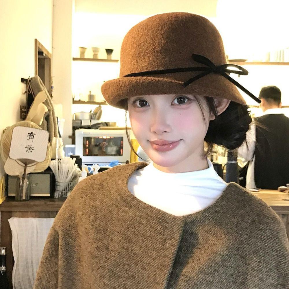 Bowknot Hepburn Style Topper Hat Elegant Women Formal hat Elegant Woolen Bucket Hat  Travel