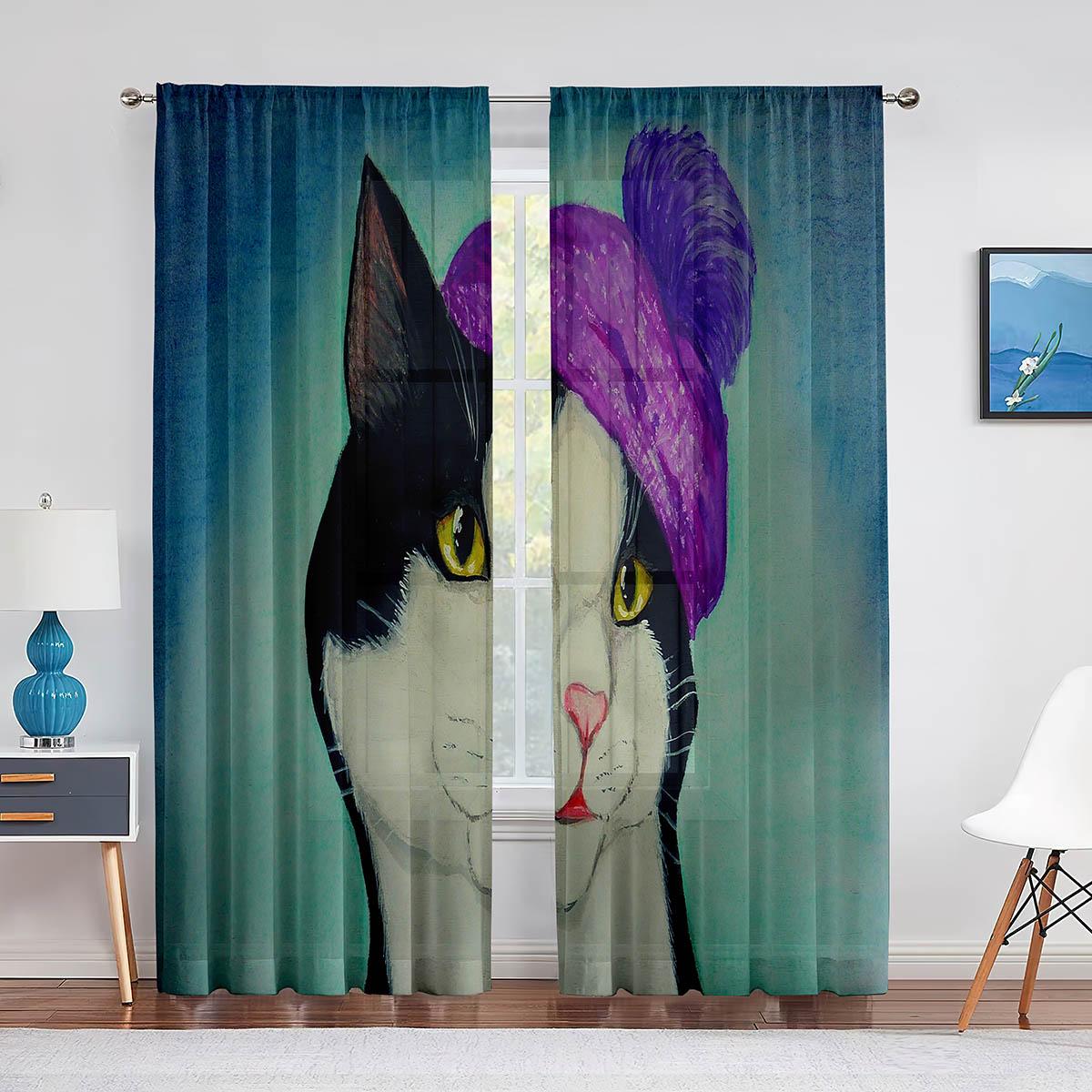 Прозрачные шторы с милым котом в стиле фэнтези для гостиной — фото 11