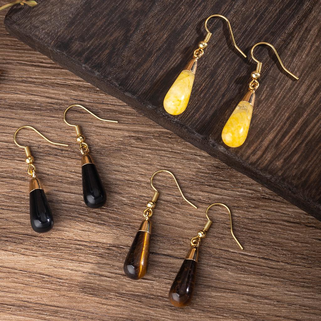 1pair Natural Stone Earring Amethyst Tiger Eye Charms Long Water Drop Dangle Earrings Jewelry for Women