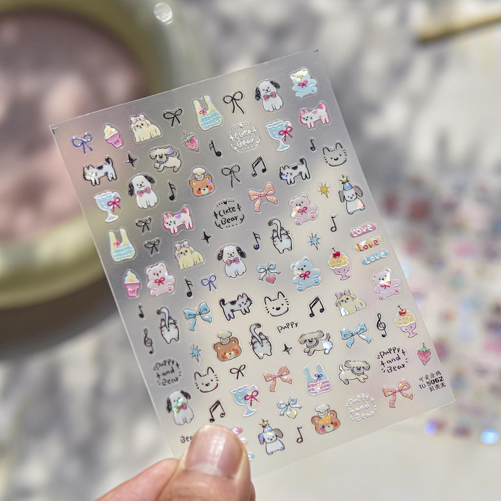 Shell shine nail stickers, hot cartoon bear, puppy, and kitten designs, cute high-look doodle stickers, mixed nail art pack
