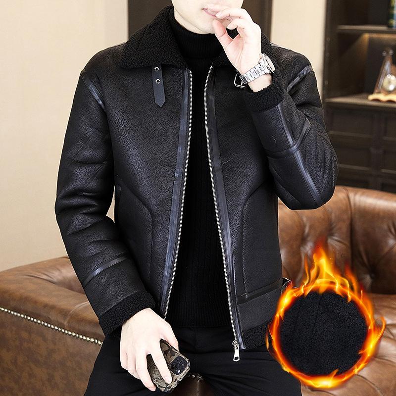 Men's Fur Integrated Autumn and Winter Youth Velvet Thickened Leather Jacket Korean Style Casual Jacket