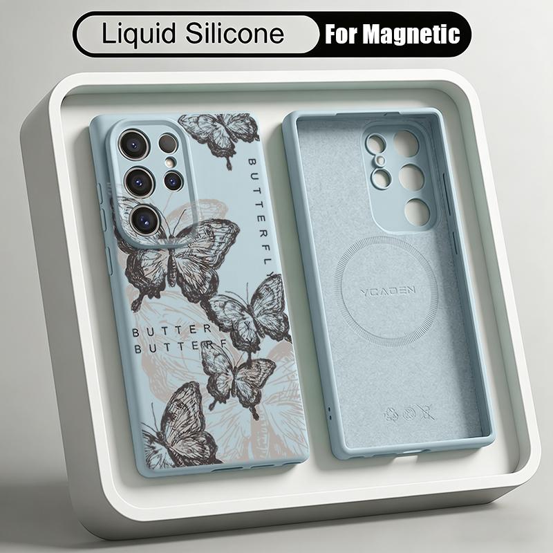 Goldern Sketch Butterfly Case For Samsung Galaxy S26 S25 Ultra S24 Plus S23 S22 Ultra Magnetic For Magsafe Liquid Silicone Cover